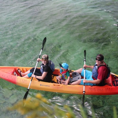 A family kayaking in Door County, Wisconsin