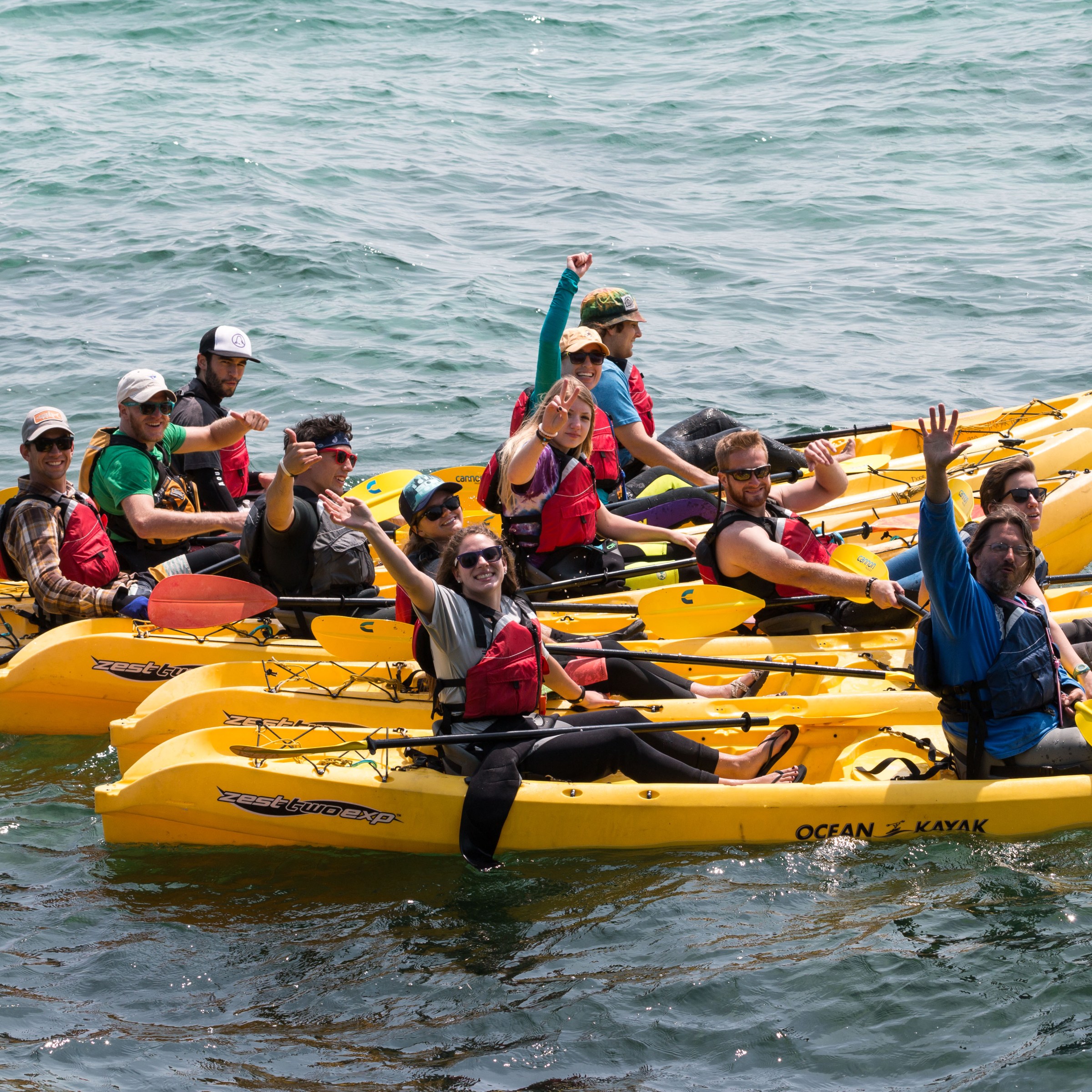 Kayakers embarking on a tour on Lake Michigan near Door County, Wisconsin