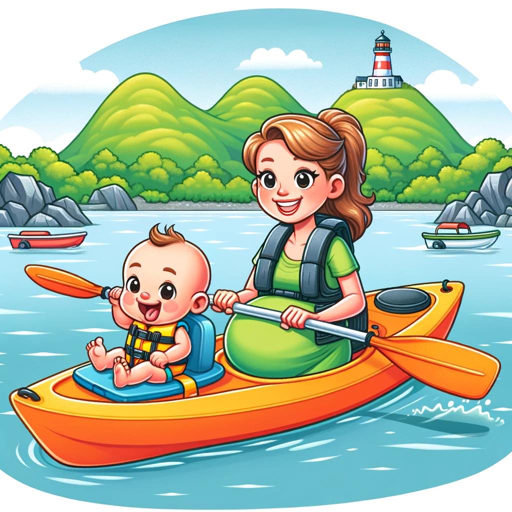 pregnant lady kayaking with lighthouse cartoon diagram